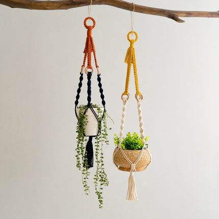 2 pcs Handwoven Plant Hanger-Cotton Rope Hanging Planter with Wooden Rings.