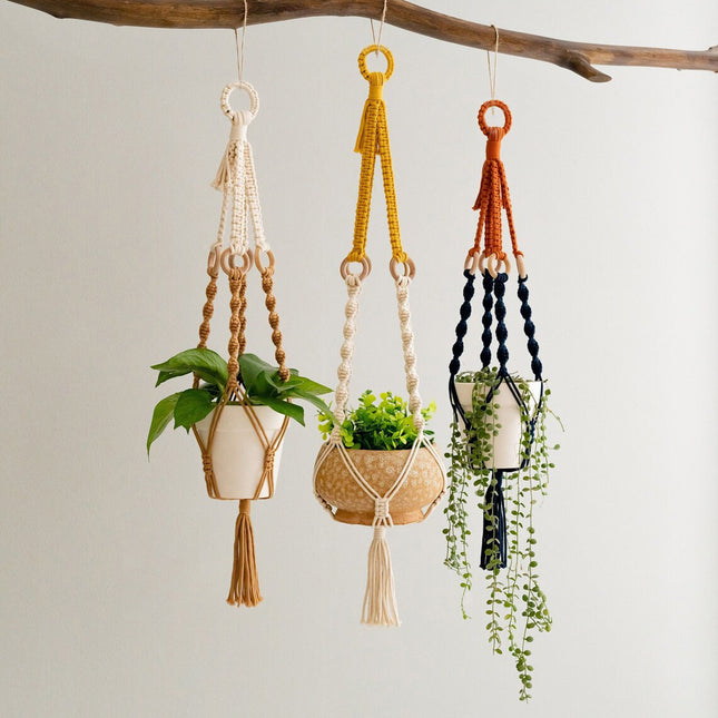 3 pcs Handwoven Plant Hanger-Cotton Rope Hanging Planter with Wooden Rings.