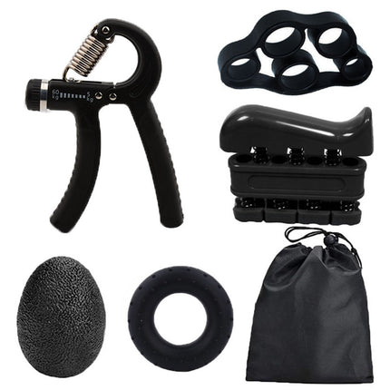 Black 5-Piece Hand Grip Strength Training Set – Adjustable Grip Exerciser, Silicone Grip Rings & Grip Ball.
