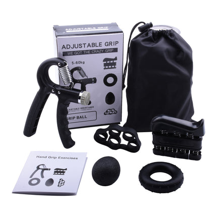 Black 5-Piece Hand Grip Strength Training Set – Adjustable Grip Exerciser, Silicone Grip Rings & Grip Ball.