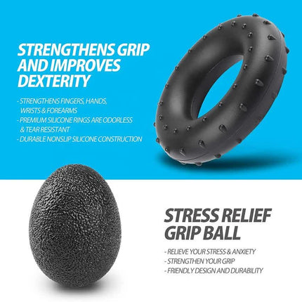 Black 5-Piece Hand Grip Strength Training Set – Adjustable Grip Exerciser, Silicone Grip Rings & Grip Ball.