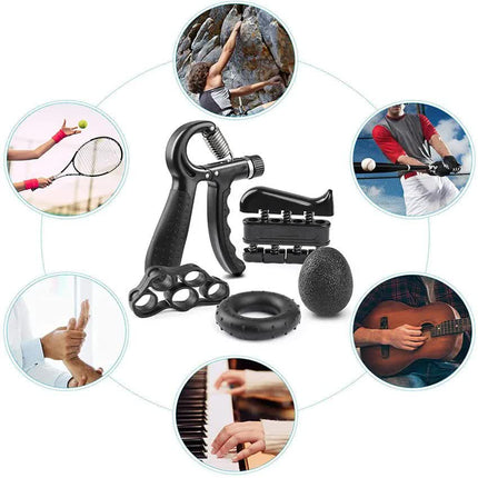 Black 5-Piece Hand Grip Strength Training Set – Adjustable Grip Exerciser, Silicone Grip Rings & Grip Ball.
