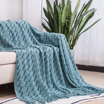 130*180CM Blue Modern Knitted Throw Blanket with Tassels - Soft & Lightweight for Sofa, Bed, and Office.