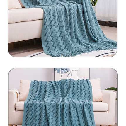 130*180CM Blue Modern Knitted Throw Blanket with Tassels - Soft & Lightweight for Sofa, Bed, and Office.