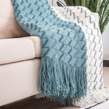 130*180CM Blue Modern Knitted Throw Blanket with Tassels - Soft & Lightweight for Sofa, Bed, and Office.