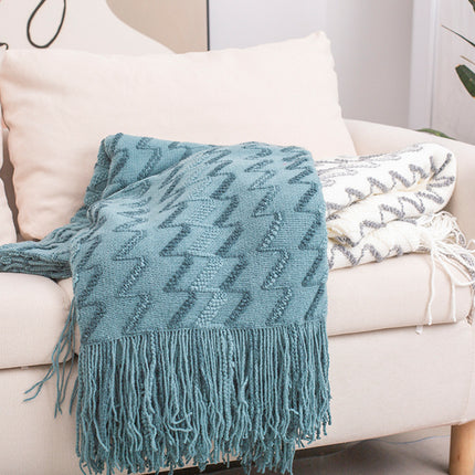 130*180CM Blue Modern Knitted Throw Blanket with Tassels - Soft & Lightweight for Sofa, Bed, and Office.