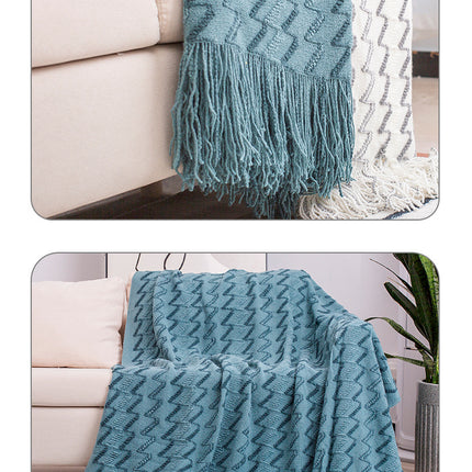130*180CM Blue Modern Knitted Throw Blanket with Tassels - Soft & Lightweight for Sofa, Bed, and Office.