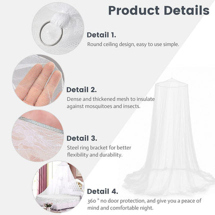 White Hanging Princess Bed Canopy Mosquito Net - Dome Bedding for Dorm Rooms & Bedrooms (Fits 1.8m-2m Beds).