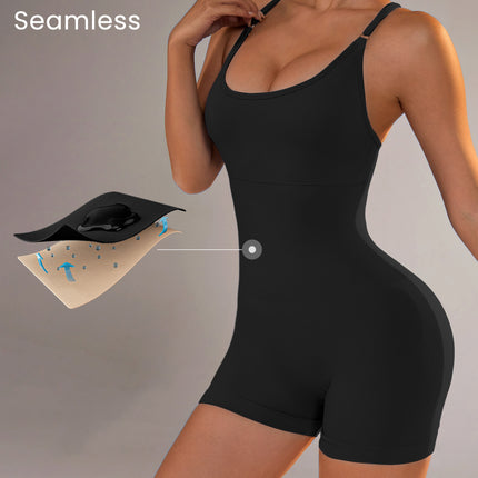 Size S Black Nylon Seamless Yoga Bodysuit - Women's Athletic Romper, Crisscross Back, Workout Jumpsuit.
