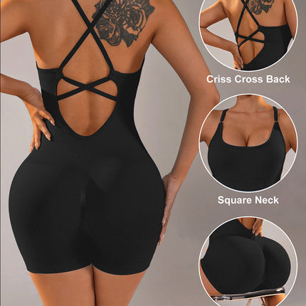 Size S Black Nylon Seamless Yoga Bodysuit - Women's Athletic Romper, Crisscross Back, Workout Jumpsuit.
