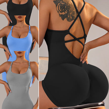 Size S Black Nylon Seamless Yoga Bodysuit - Women's Athletic Romper, Crisscross Back, Workout Jumpsuit.