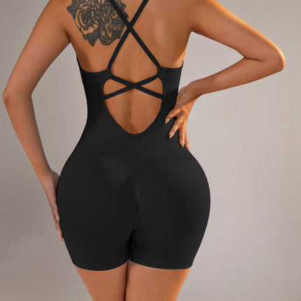 Size S Black Nylon Seamless Yoga Bodysuit - Women's Athletic Romper, Crisscross Back, Workout Jumpsuit.