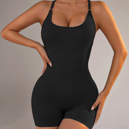 Size S Black Nylon Seamless Yoga Bodysuit - Women's Athletic Romper, Crisscross Back, Workout Jumpsuit.