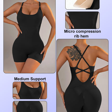 Size S Black Nylon Seamless Yoga Bodysuit - Women's Athletic Romper, Crisscross Back, Workout Jumpsuit.