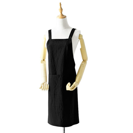 Black Cotton Linen H-Back Apron - Solid Color Kitchen Cooking Apron with Pocket.