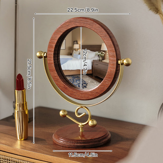 Gold and Brown Vintage Solid Wood Makeup Mirror - 360° Rotating Desktop Vanity Mirror.