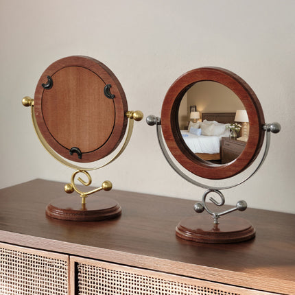 Gold and Brown Vintage Solid Wood Makeup Mirror - 360° Rotating Desktop Vanity Mirror.