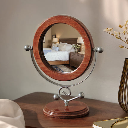 Gold and Brown Vintage Solid Wood Makeup Mirror - 360° Rotating Desktop Vanity Mirror.