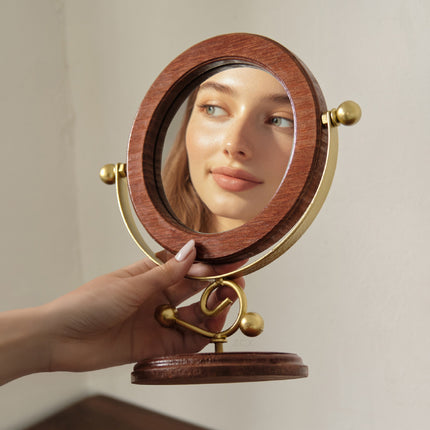 Gold and Brown Vintage Solid Wood Makeup Mirror - 360° Rotating Desktop Vanity Mirror.