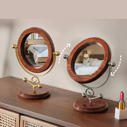 Gold and Brown Vintage Solid Wood Makeup Mirror - 360° Rotating Desktop Vanity Mirror.