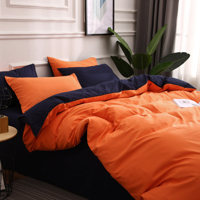 Dark Blue And Orange Stitching Ultra-Soft Solid Color 4-Piece Bedding Set - Queen Size(Suitable for 2m bed).