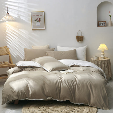 Light Brown And White Stitching Ultra-Soft Solid Color 4-Piece Bedding Set - Queen Size(Suitable for 2m bed).
