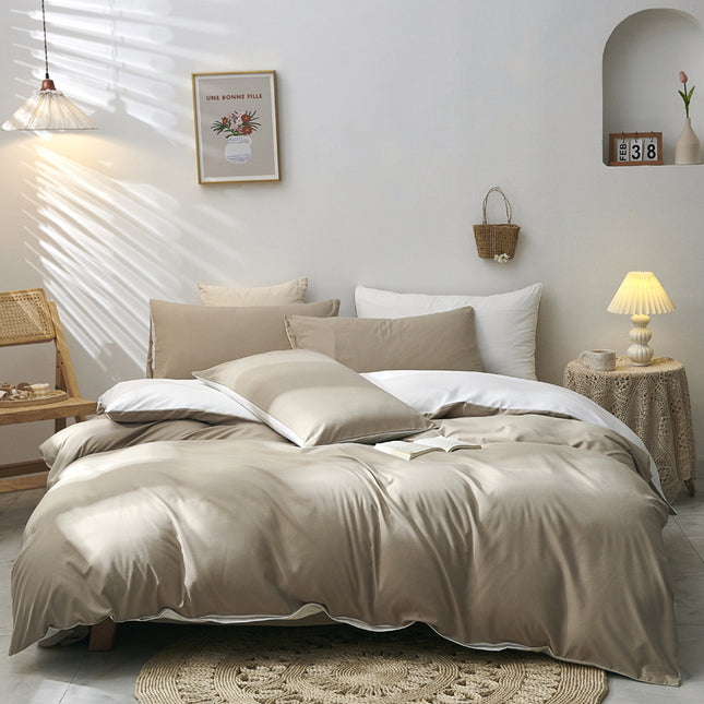 Light Brown And White Stitching Ultra-Soft Solid Color 4-Piece Bedding Set - Queen Size(Suitable for 2m bed).