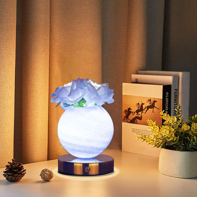 Blue Dreamy Rose Planet Lamp Night Light - Elegant 21cm USB-Charged 3-Color Touch Dimming Decor Gift.