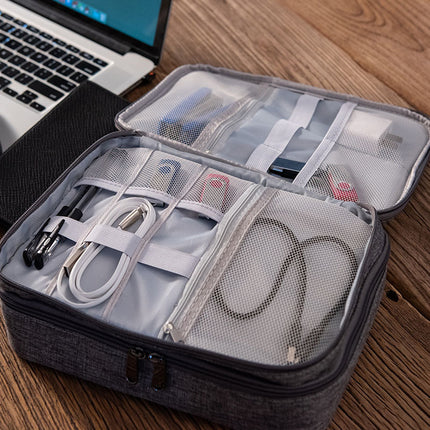 Grey Durable Three-Layer Earphone & Digital Organizer - Waterproof Cosmetic & Cable Storage Pouch(Photography props not included, only the bag).