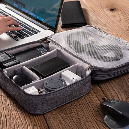 Grey Durable Three-Layer Earphone & Digital Organizer - Waterproof Cosmetic & Cable Storage Pouch(Photography props not included, only the bag).