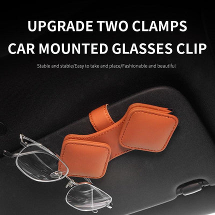 2 Pcs Black Car Sun Visor Glasses Holder Clip with Dual Magnetic Clamps - PU Leather, Anti-Slip, and Multi-Functional Storage.