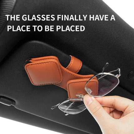 2 Pcs Black Car Sun Visor Glasses Holder Clip with Dual Magnetic Clamps - PU Leather, Anti-Slip, and Multi-Functional Storage.