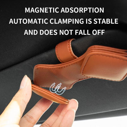 2 Pcs Black Car Sun Visor Glasses Holder Clip with Dual Magnetic Clamps - PU Leather, Anti-Slip, and Multi-Functional Storage.