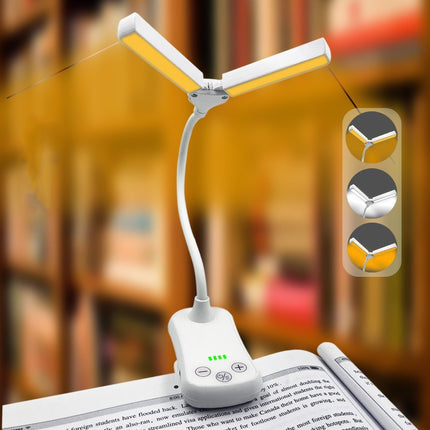 White Rechargeable Dual-Head Clip-On Book Light - Touch Control Reading Lamp with Eye Protection.