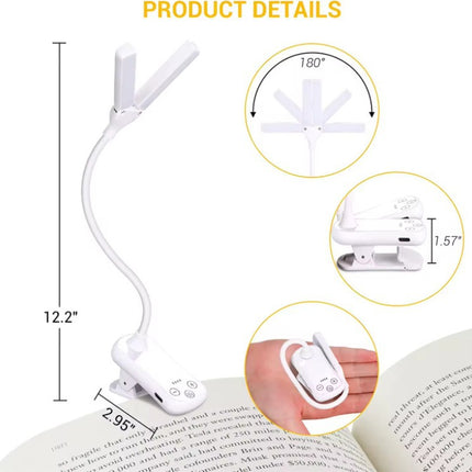 White Rechargeable Dual-Head Clip-On Book Light - Touch Control Reading Lamp with Eye Protection.