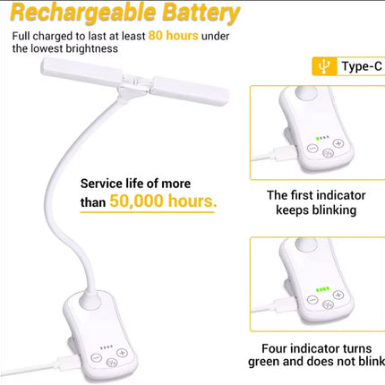 White Rechargeable Dual-Head Clip-On Book Light - Touch Control Reading Lamp with Eye Protection.