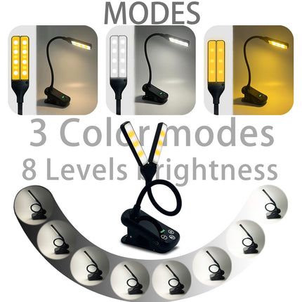 White Rechargeable Dual-Head Clip-On Book Light - Touch Control Reading Lamp with Eye Protection.