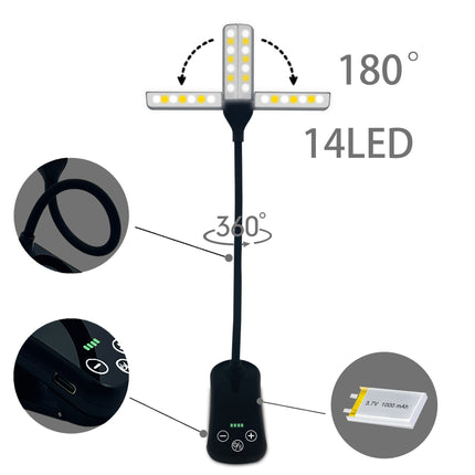 White Rechargeable Dual-Head Clip-On Book Light - Touch Control Reading Lamp with Eye Protection.