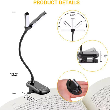 Black Rechargeable Dual-Head Clip-On Book Light - Touch Control Reading Lamp with Eye Protection.