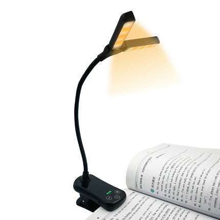 Black Rechargeable Dual-Head Clip-On Book Light - Touch Control Reading Lamp with Eye Protection.