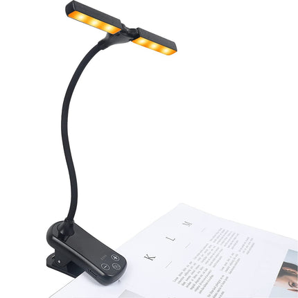 Black Rechargeable Dual-Head Clip-On Book Light - Touch Control Reading Lamp with Eye Protection.