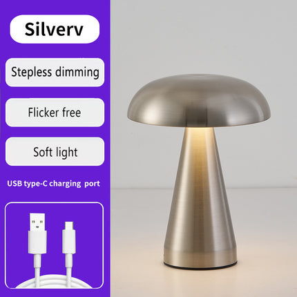 Silver Metal Mushroom Table Lamp - Rechargeable Touch Control Ambient Light with Remote.