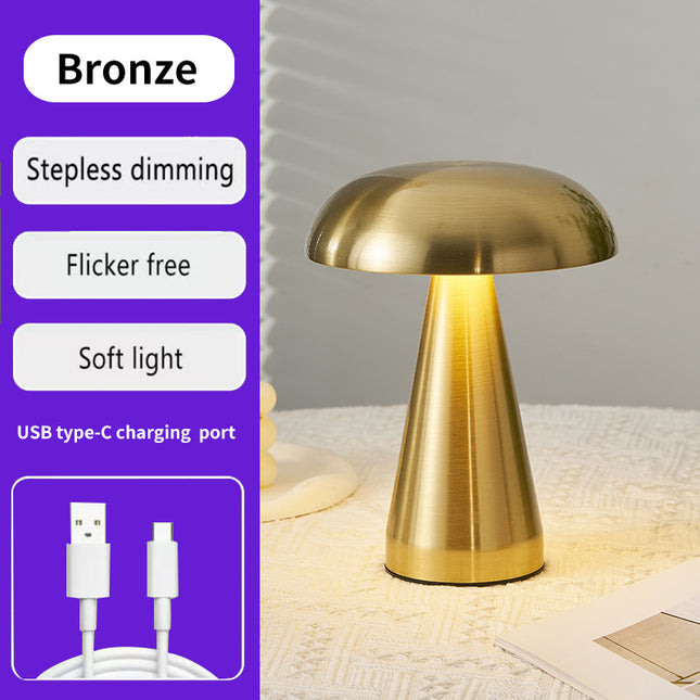 Bronze Metal Mushroom Table Lamp - Rechargeable Touch Control Ambient Light with Remote.