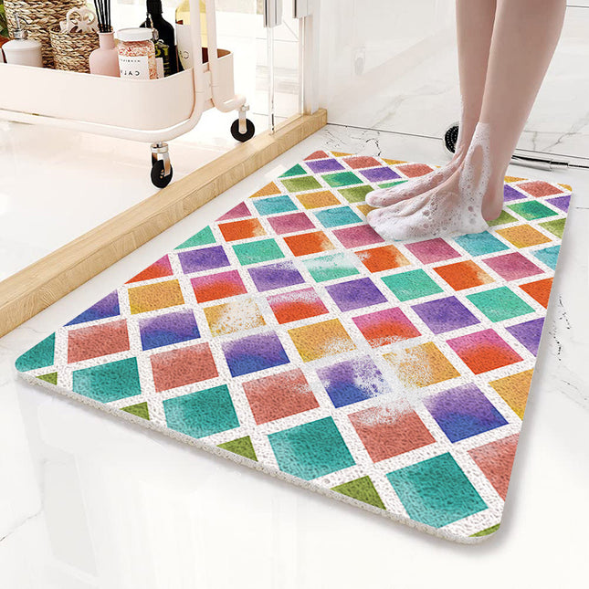 Colorful Diamond Pattern  PVC Non-Slip Bath Mat 45x75cm - Shower Drain Hole Design, Soft & Quick-Dry Bathroom Rug.