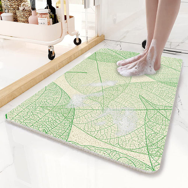 Green Leaves Pattern  PVC Non-Slip Bath Mat 50x80cm - Shower Drain Hole Design, Soft & Quick-Dry Bathroom Rug.