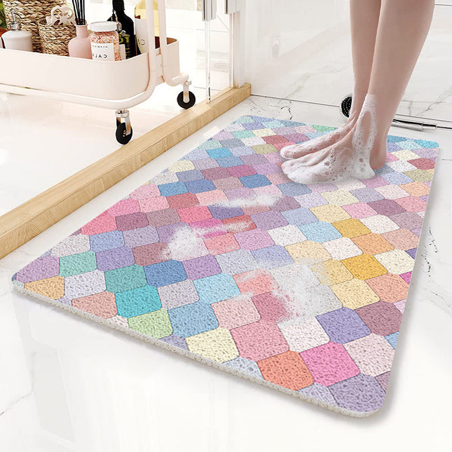 Colorful Scale Pattern  PVC Non-Slip Bath Mat 50x80cm - Shower Drain Hole Design, Soft & Quick-Dry Bathroom Rug.