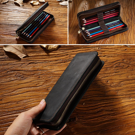 Black Genuine Leather Pencil Case - Vintage Zip-Up Pen Holder with Elastic Loops.