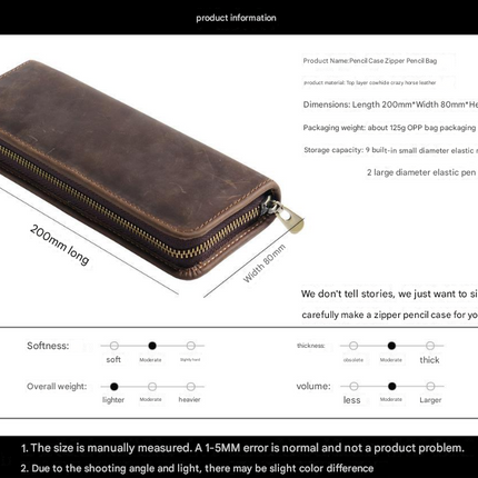Black Genuine Leather Pencil Case - Vintage Zip-Up Pen Holder with Elastic Loops.