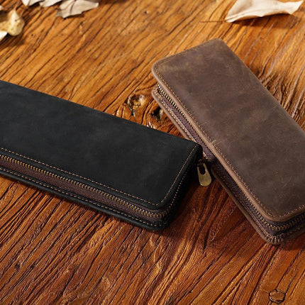 Black Genuine Leather Pencil Case - Vintage Zip-Up Pen Holder with Elastic Loops.