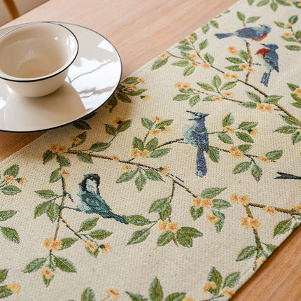 Birds & Branch Table Runner - Jacquard Woven Beige with Tassels(33X200CM).